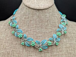 Vintage Signed Coro Turquoise Aqua Enamel Flower Leaves Silver Tone Necklace