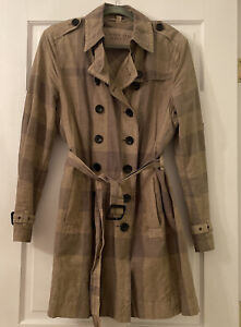 Burberry Brit Khaki/Green Check Crombrook Cotton Linen Trench Coat Jacket Sz 10