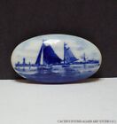 Vintage Blue Delft Holland Pottery Oval Sailboat Pin Brooch Signed Scenic Art