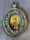 New ListingRussian Antique Travel Icon painted On Mother Of Pearl In Enameled Silver Oklad