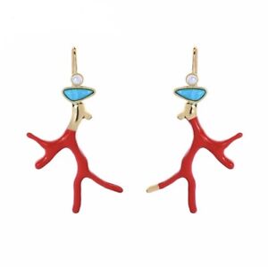 ZARD Red Coral Enamel Dangle Drop Earrings in Pearl and Turquoise Stone Accent