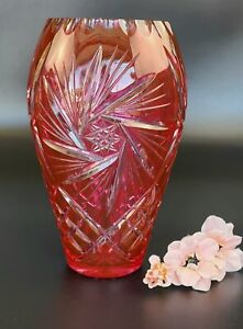 New ListingVintage - Bohemian Cranberry - Cut to Clear Crystal Vase - 8 1/4