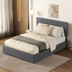 New ListingBed Frame with Lift Up Storage and Modern Tufted Headboard Grey Blue Full Size