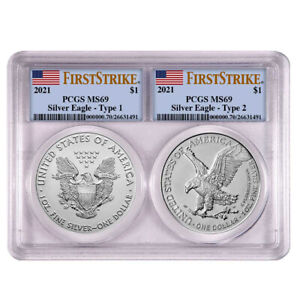 2021 $1 Type 1 and Type 2 Silver Eagle Set PCGS MS69 FS Flag Label