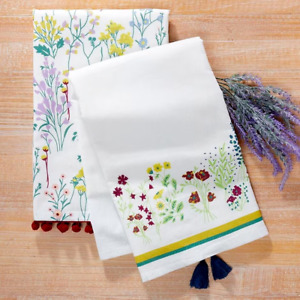 New Listingkitchen Towel Set Cotton Floral With Pom-Pom And Tassel Trim Generously Sized