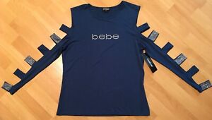 NWT * bebe * SEXY Jeweled Top *Long Sleeves W/Openings Dark Navy Women’s Size XL