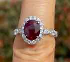 14K White Gold Plated 2 Ct Oval Cut Lab-Created Red Ruby Halo Engagement Ring
