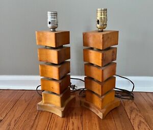 Russel Wright Pair of Vintage 50s Mid Century Wood Stacked And Spun Lamps
