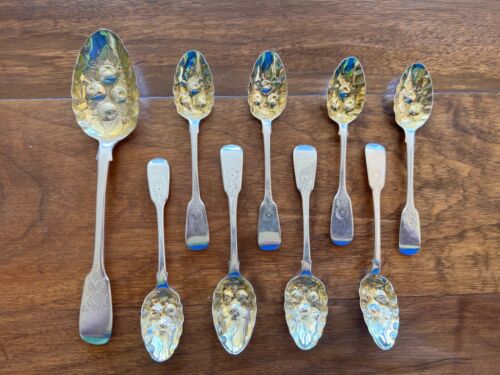 Rare Set of 9 Queen Victoria Sterling Silver Berry Spoons 1845 J&A Savory London