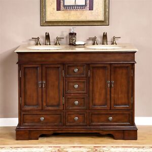 48-inch Travertine Stone Counter Top Compact Bathroom Double Sink Vanity 0715TR