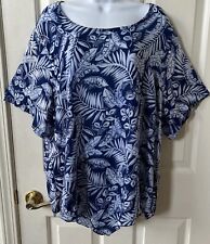 BLUE GINGER Womens XL Tropical Palm Blue Rayon Short Sleeve Shirt Top Point Hem
