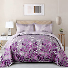 Purple Floral Quilt Set Queen Size 3 Pieces Botancal Leaves Bedspread Coverlet