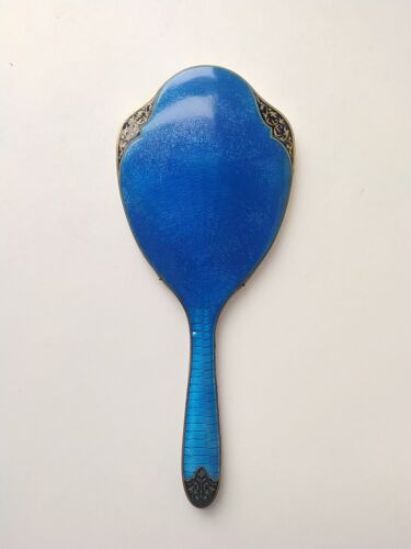 Antique Vintage Art Deco Blue Guilloche Enamel Vanity Hand Mirror