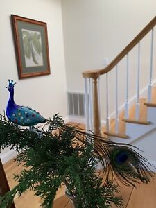 Vintage Lauschaer Large Christmas Peacock Bird Blue Gem Glass Ornament Germany
