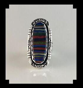 Long Sterling and Rainbow Calsilica Ring Size 8 1/2