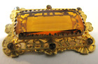 Antique Amber Glass Ornate Filigree Pin Brooch Gold Tone Large Faceted Stone