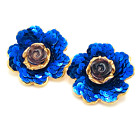 Vintage French Jacky De G Designer Rare Blue Flower Gold Tone Clip Earrings
