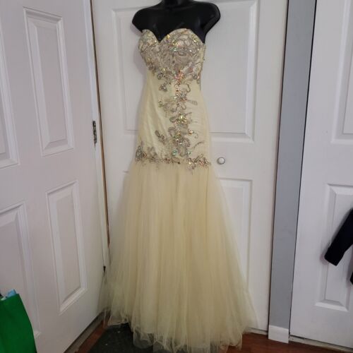 Light Yellow Mermaid Gown Wedding Prom Formal Dress Sequin Rhinestones Gems...