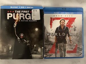Horror Blu-Ray/DVD Combo Lot: World War Z/ The First Purge, Brad Pitt, 2013/2018