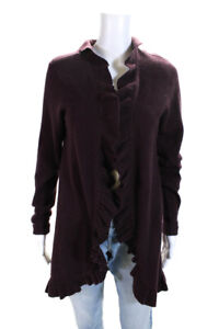 Magaschoni Womens Cashmere Ruffled Open Front Long Sleeved Sweater Purple Size M