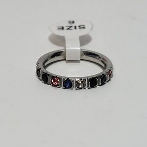 Size 6 Swarovski Crystals Rainbow Multicolor Stainless Steel Silver Ring Band
