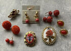 Vintage Jewelry Lot Red Hues Clip On/ Pierced Earrings Brooches 14 Pieces Total