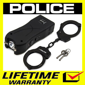 POLICE Stun Gun 398 Mini Rechargeable LED Flashlight + Steel Handcuffs Combo