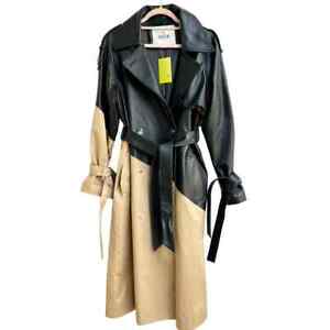 NWOT Ducie London Colorblock Leather Trench Coat Black/Beige Women's S