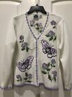 Storybook Knits Womens Size 1X Sweater White Purple Butterfly Floral Embroidered