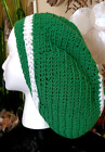 Handmade Crocheted Rasta Reggae Dreadlock Tam Beret Slouchy Green and White Hat