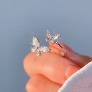 925 Silver Plated Zircon Crystal Double Butterfly Rings for Women Jewelry Gift