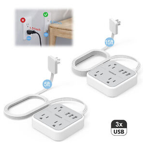Power Strip with 3 USB Multi Electrical Outlet 5/15 FT Extension Cord for Travel