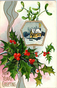 Happy New Year, Holly, Gray Ribbon, Vintage, Junk Journal Tag - Postcard (TT)