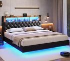 Full/Queen/King Floating Bed Frame with Storage Headboard LED Upholstered Bed