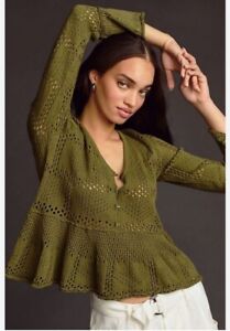 Anthropologie Pilcro Pointelle Babydoll Sweater V Neck Bell Sleeve Size M Green