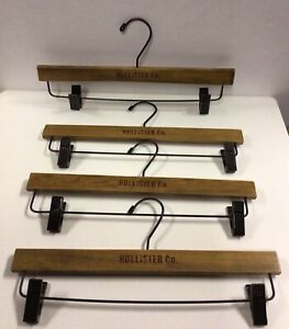 4 Vintage HOLLISTER CO. 14” Wooden Coat Hangers With Clips For Pants