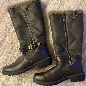Totes All Weather Snow Boots Brown Faux Leather Fur Zip Women 9 Buckle Strap EUC