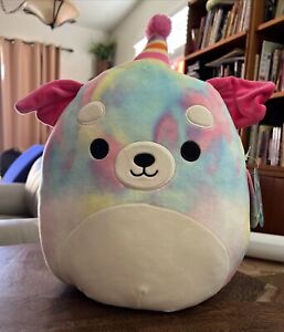 Squishmallows 12 inch Delenne Tie Dye Plush Dog with Party Hat NWT SHIPS FREE