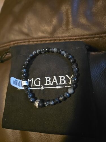 King Baby Jewlery 6mm Blue Tiger Eye Bead Bracelet W/ Logo Ring 8.75in