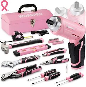 WORKPRO 75 PC Pink Tools Set Rotatable Cordless Screwdriver&Household Tool Kit