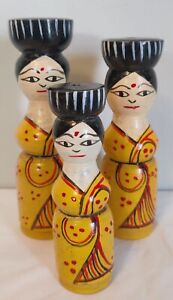 Asian/Indian Handmade Wooden Girl Doll -- Set of 3 (Yellow)