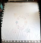 Vintage Handmade Embroidery Cross Stitch TWIN COVERLET Bed Spread Lace Border