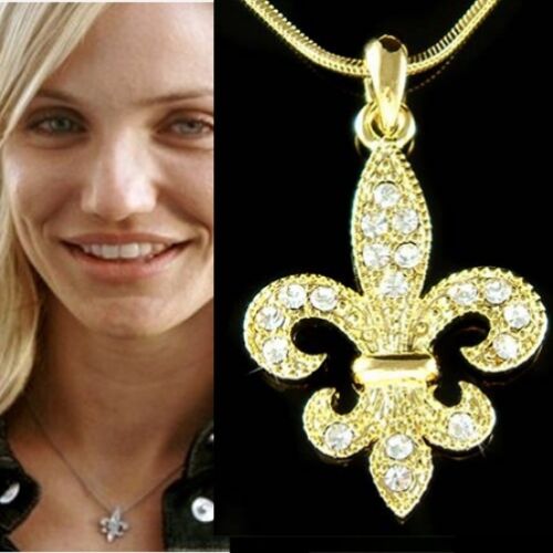 Gold Pl Fleur de lis made with Swarovski Crystal Paris France Iris Lily Necklace