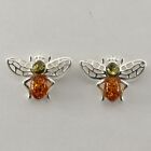 Multi-Color BALTIC AMBER Bumble Bee Post Earrings 925 STERLING SILVER #3754