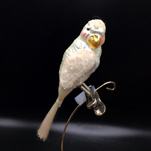 Vtg PARROT Cockatoo BIRD Glitter Glass clip Christmas Ornament spun glass tail