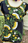 Women Comfortable Black Blouse Linen Yellow/White Flower Embroidered Made Mexico