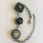Button Snap Charm Bracelet Rhinestone Round Square Silver Tone Initial S 7-8