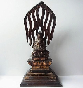 BUDDHA AMIDA NYORAI AMITABHA Wooden Statue 12.4 inch 19TH C EDO Japanese Antique