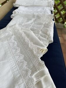Vintage Lot French Antique Bolsters Pillowcases Linen Cotton Embroidery Lace