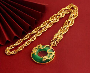 Men's Double Dragon Green Jade 22k 23k 24k Thailand Gold Gold Gp Jewelry Pendant